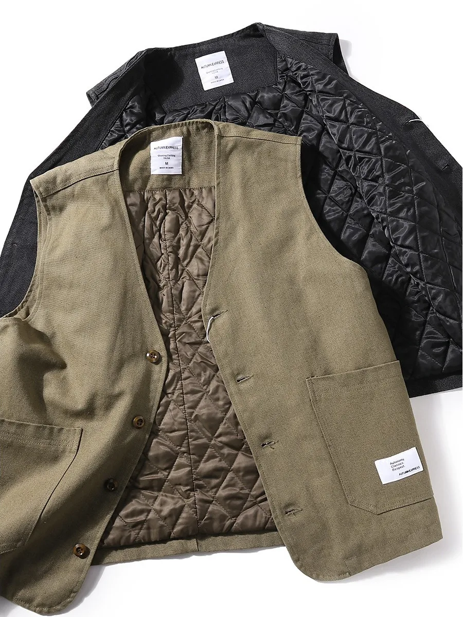 

American Retro Men's Vest Winter Thiened Warm Cotton Jaet Heavy Casual V-ne Top Button Decorated Youth Faion Polyeste...