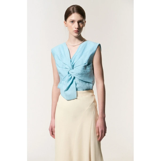 تصميم رومانسي أنيق على شكل حرف v وعقدة مطوية وربطة عنق كبيرة بدون أكمام قميص نسائي 2 لون على الطراز الفرنسي مقاس نحيف غير قاب...