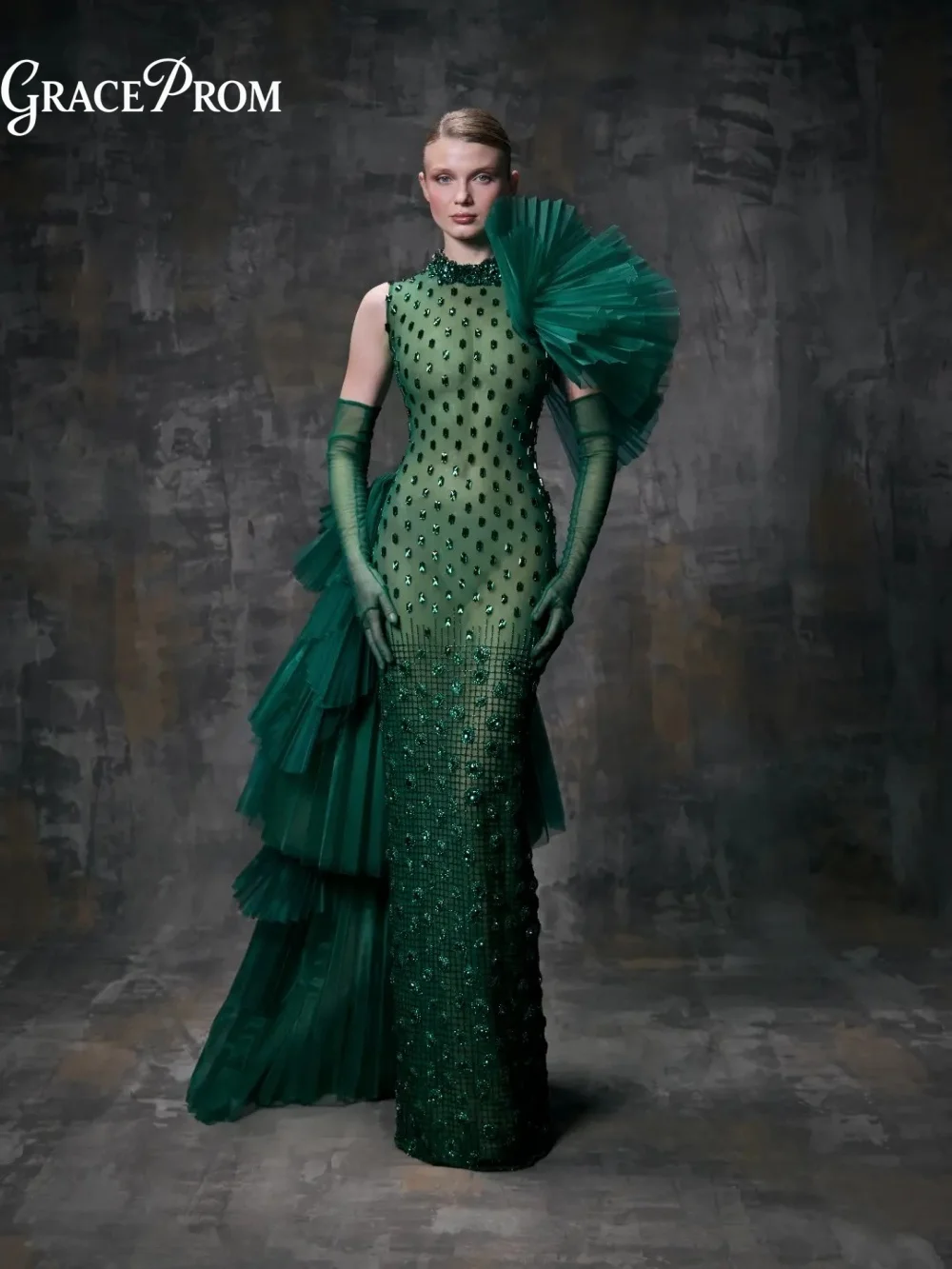 

Elegant Green Sheer Mesh Evening Gown With Crystal Beading Tulle Ruffle Party Dress Wedding Guests NO Long Gloves فساتين سهرة