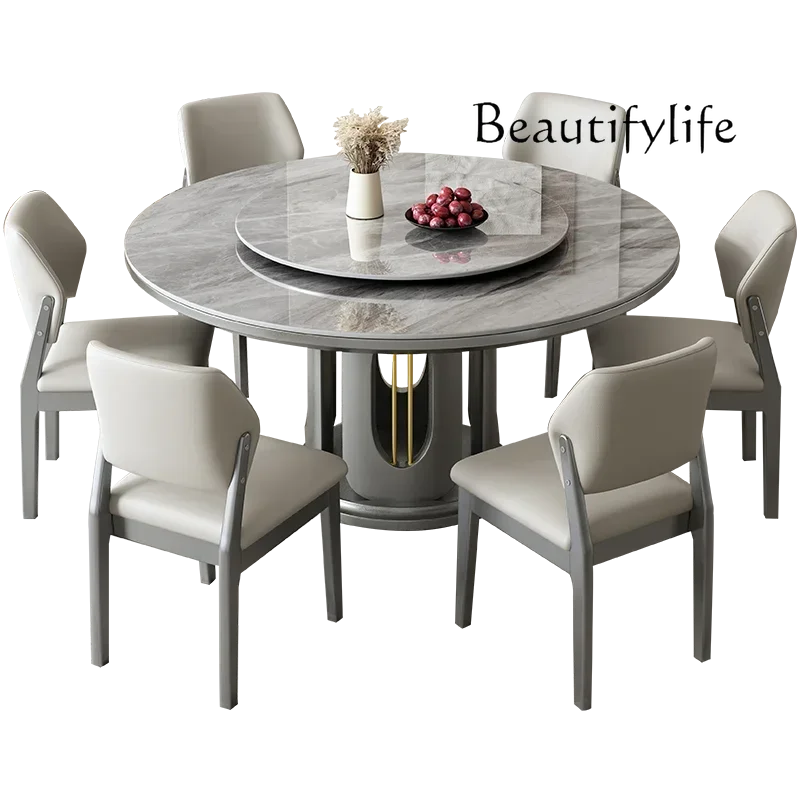 N36 rock slab round table with turntable natural supercrystalline stone dining table and chair combination large round table