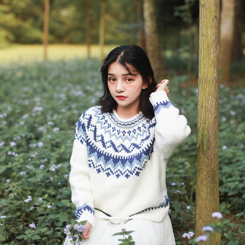 Autumn Spring Original Design Women Fair Isle Fashion Vintage Inspired Handmade Thick Warm 100% Wool Pullover Jumper Sweaters