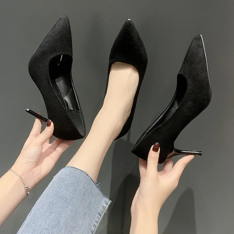 Women New Mid Heeled Sandals Black 5-7-9cm Tacones Mujer Pointed Thin Heeled Baotou Banquet High Heeled Shoes Womens Shoes