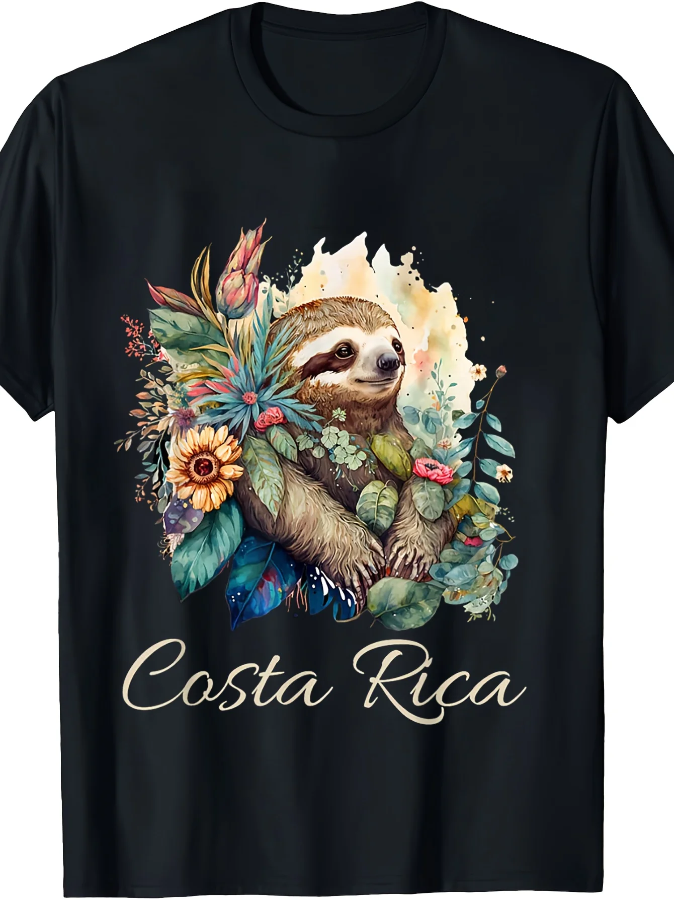 Men'S Costa Rican Tropical Sloth T-Shirt - Casual, Breathable Crew Neck, Vibrant Floral Print, Machine Washable, Comfortable for