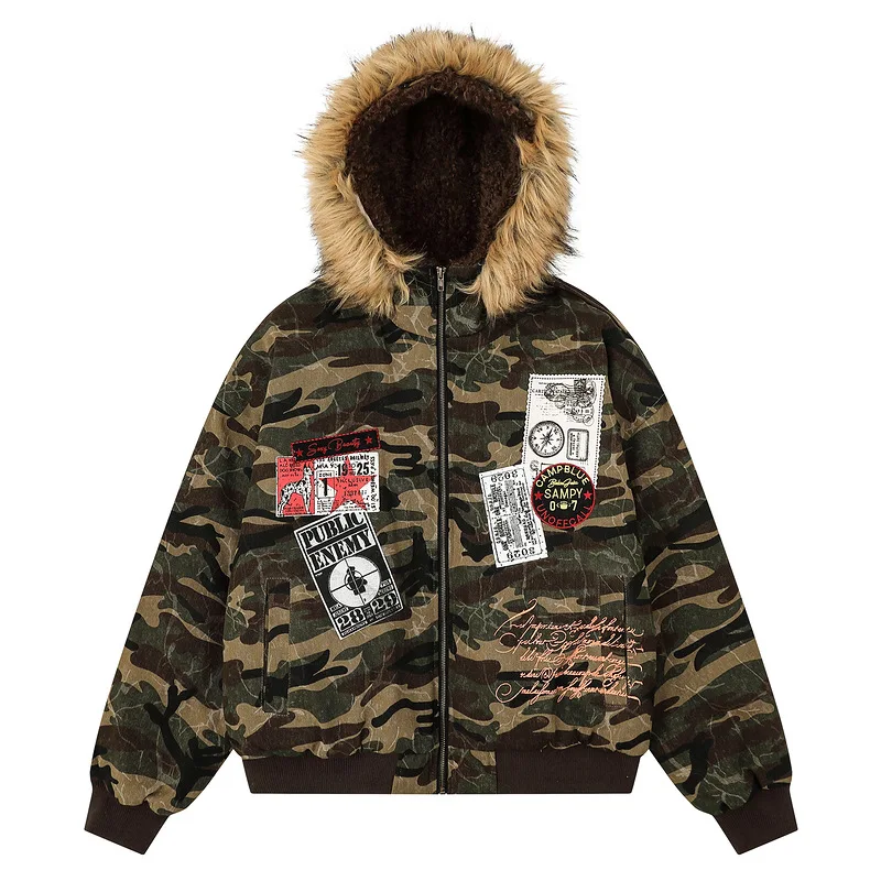 Men's Fashion Camouflage Parkas With Fur Collar Winter Cotton Padded Warm Overcoat High Street Printed Thick Thermal Outerwear
