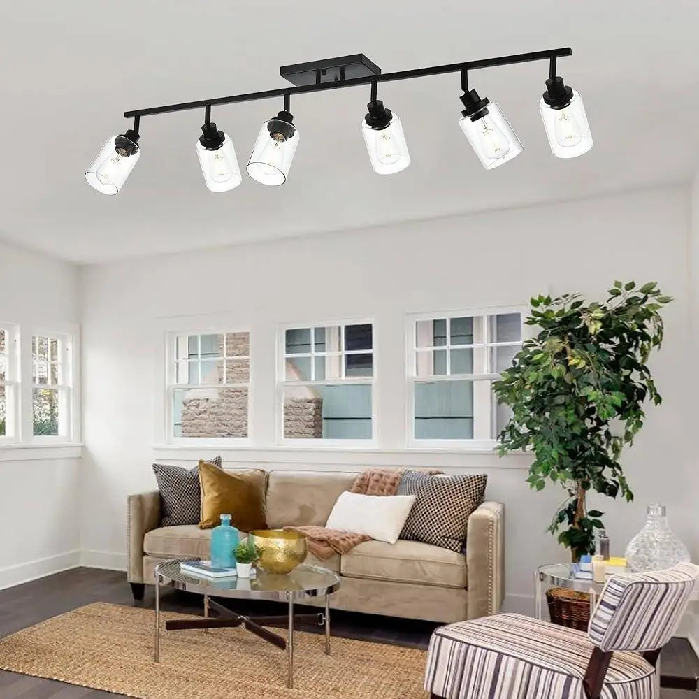 Ceiling Track Lighting Kit 6 Light Fixtures Adjustable Heads Wall Mount Flexibly Rotatable Modern Dimmable E26 Bulb Compatible