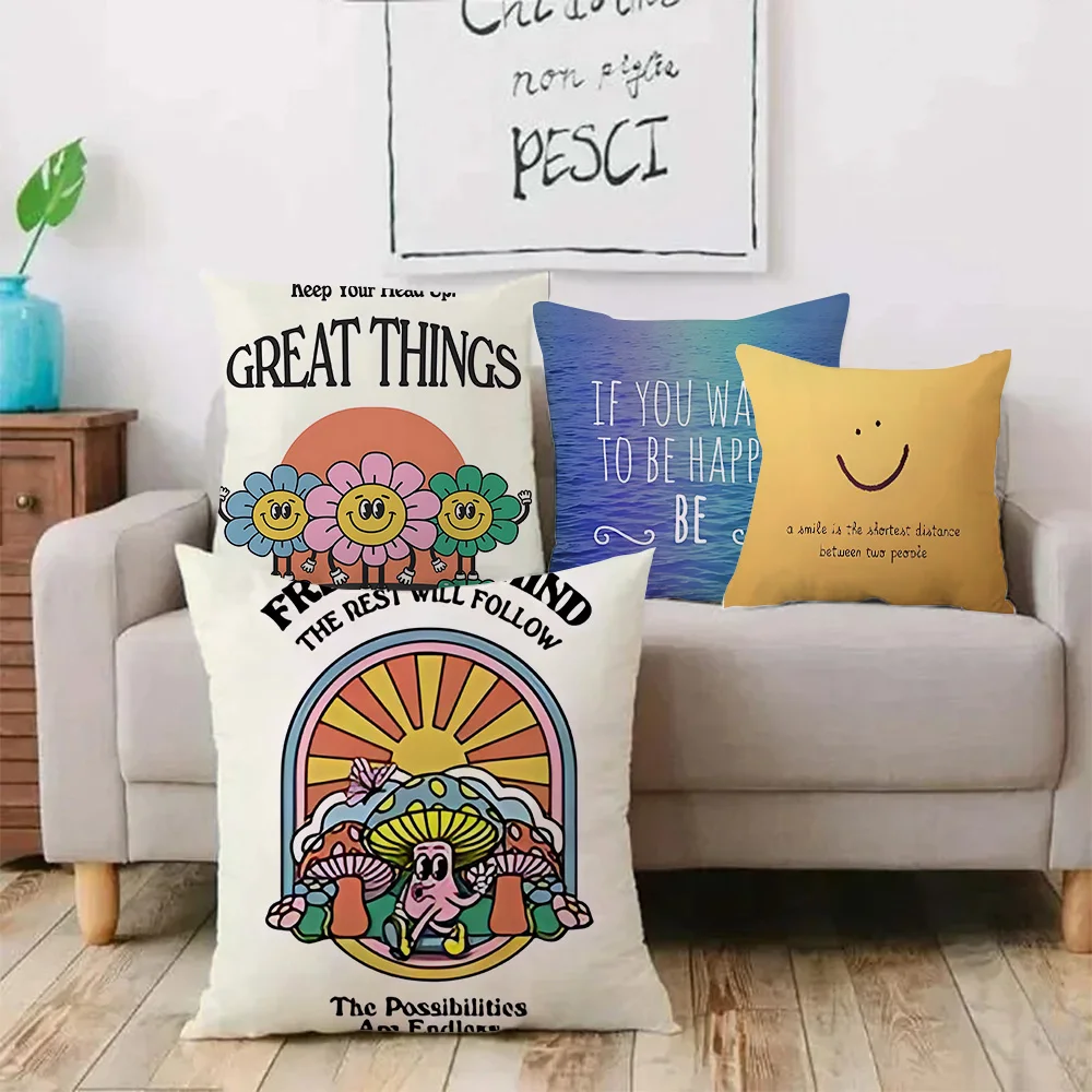 Cartoon Smile Inspirational Quote Pillow Covers Sofa Decorative Home Double-sided Printing Short Plush Cute Cushion Cover