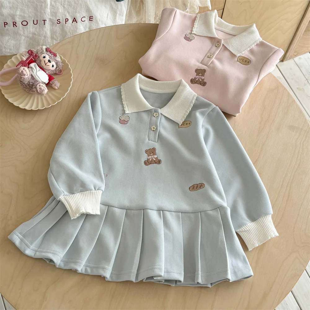 One-piece Sporty Hoodie Dress for Baby Girl Polo Cartoon Bear Long Sleeve Pullover Dress Autumn/Spring Loose Clothing Casual