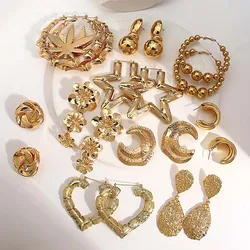 Freetry Vintage Gold Color Dangle Earrings for Women Geometric Flower Star Moon Heart Hoop Earrings Fashion Jewelry Gifts