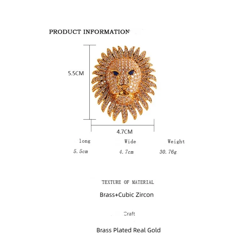 [Miss Jenny]European and American Light Luxury Heavy-set Full-set  Zircon Lion's Head Brooch For Men and Women M056