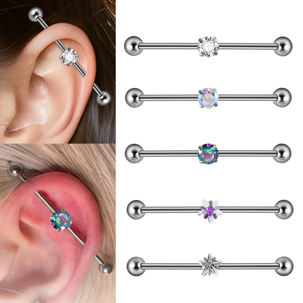 1/5PCS Surgical Steel Zircon Industrial Barbell Earring CZ Cartilage Helix Star Long Bridge Earring Piercing Body Jewelry 38mm