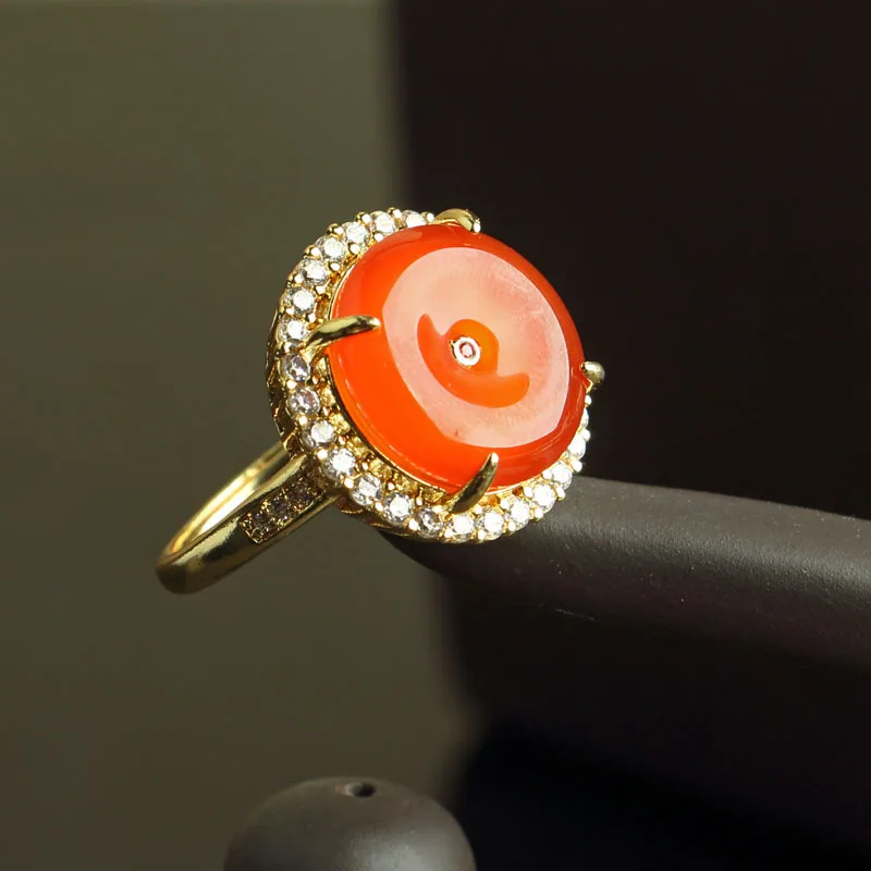Viora Jewelry Natural green chalcedony ancient gold ring imperial green luxury inlaid female ring