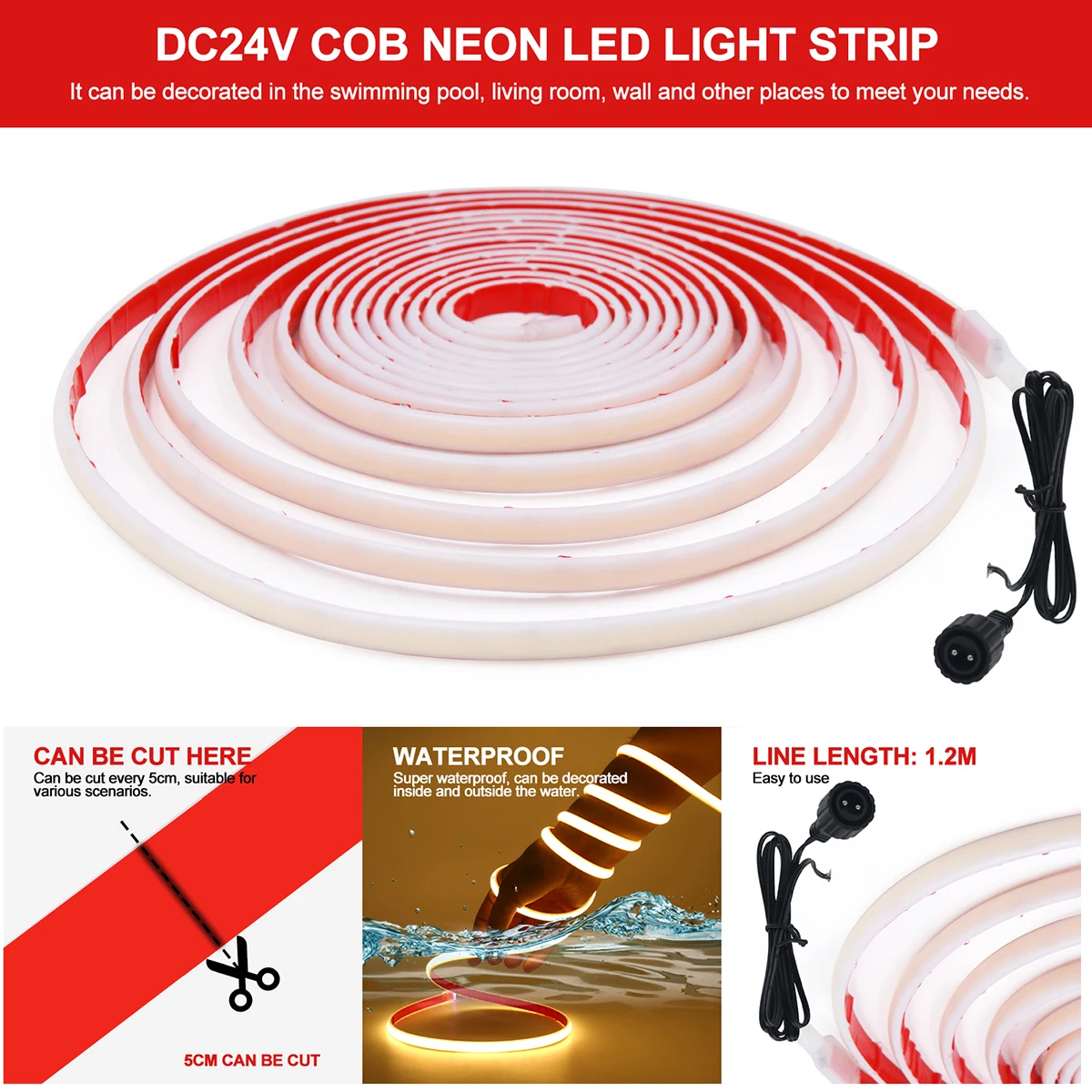 IP68 Waterproof Solar COB Neon Light Strip 24V Warm Natural White Red Green Blue 320LEDs/m Flexible High Density Linear Lighting