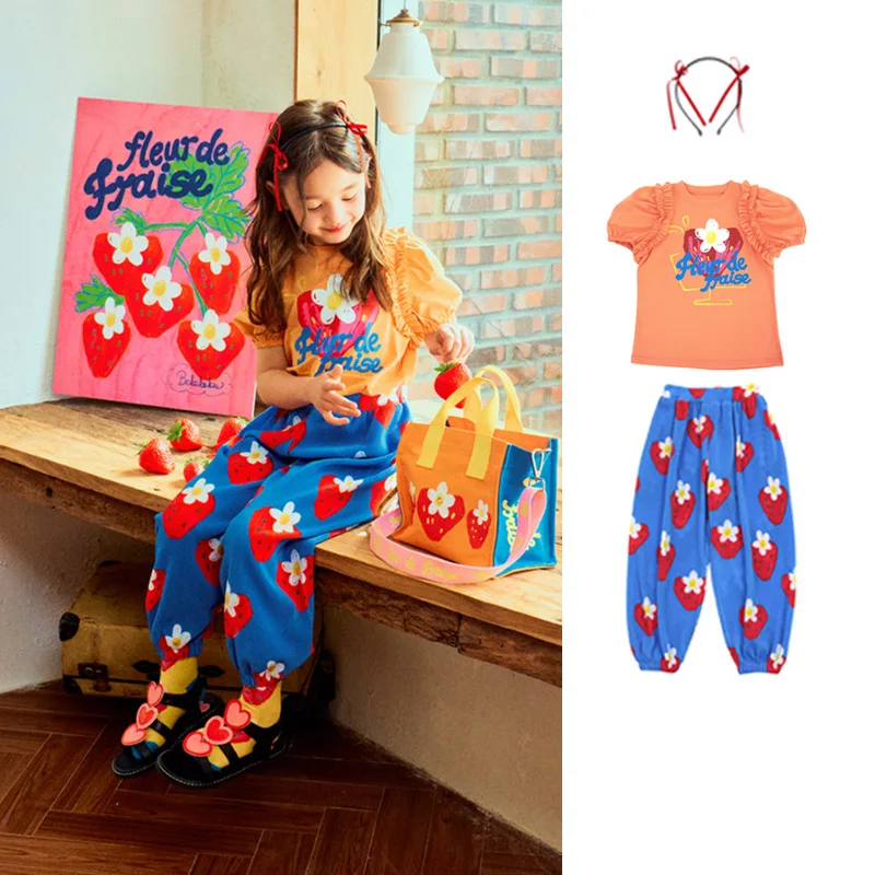 

Jenny&Dave Girls Set 2024 Summer New Children's Cute Strawberry Printed Cotton T-shirt Mosquito proof Pants Set for Children