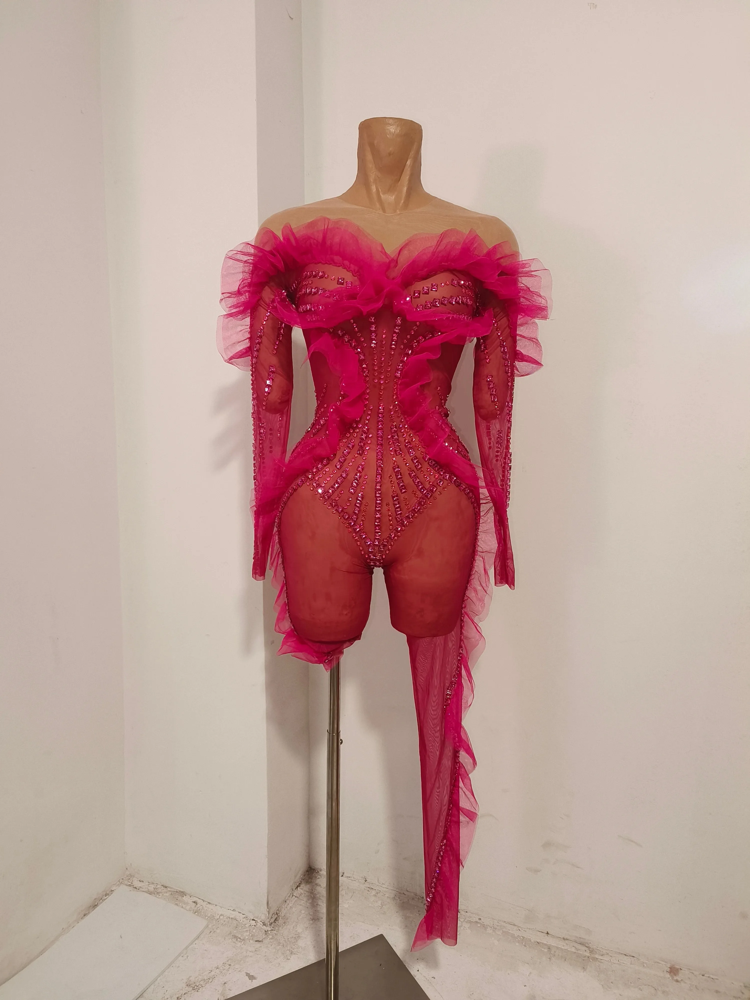 Glamorous Rhinestone Mesh Bodysuit Ruffle Frill Sheer Design Perfect for Dancers Raves Stage Performance Nightclub Party Outfit