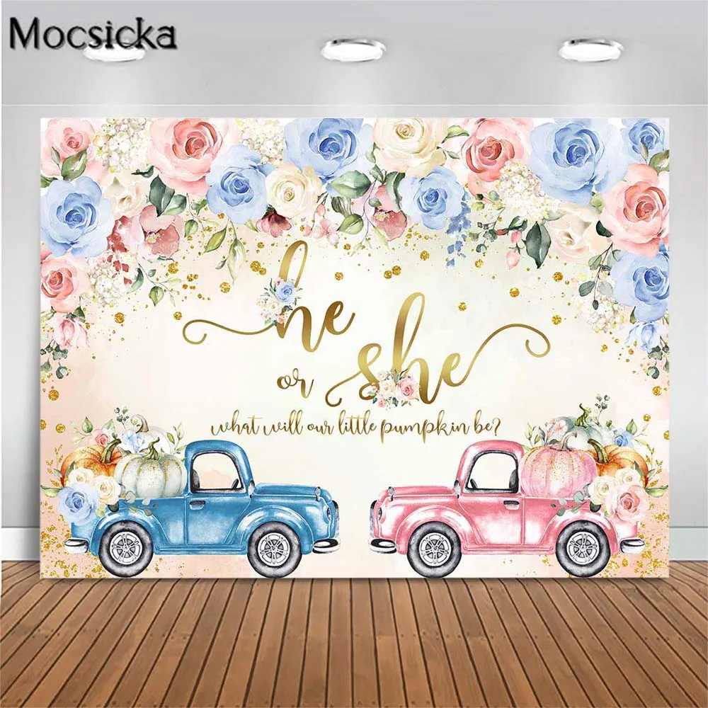 

Mocsicka Newborn Gender Reveal Backdrop Photography Baby He or She Party Decoration Pumpkin Car Flowers Photo Backgrounds Banner