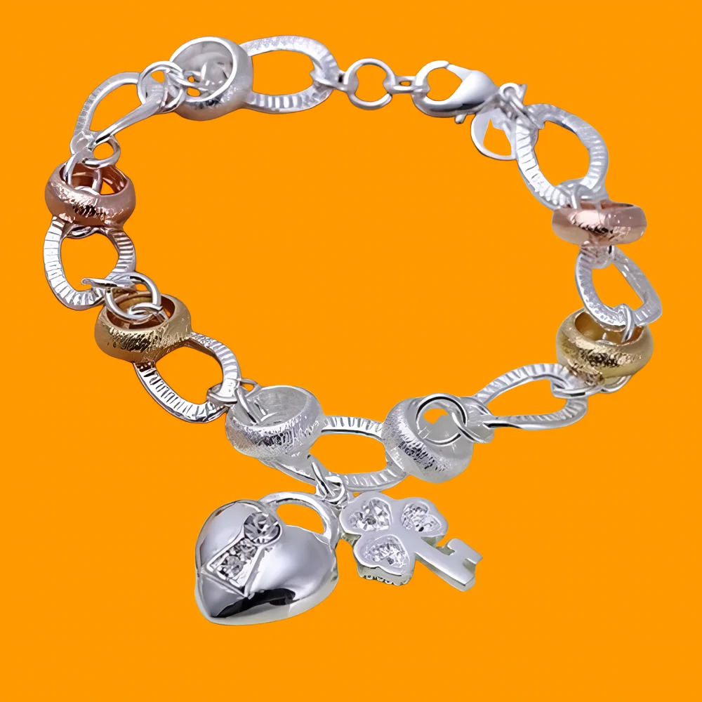 Charms Cute 925 Sterling Silver Bracelets Elegant Heart Key for Women Men Lover Wedding Pretty Jewelry Fashion Holiday Gifts
