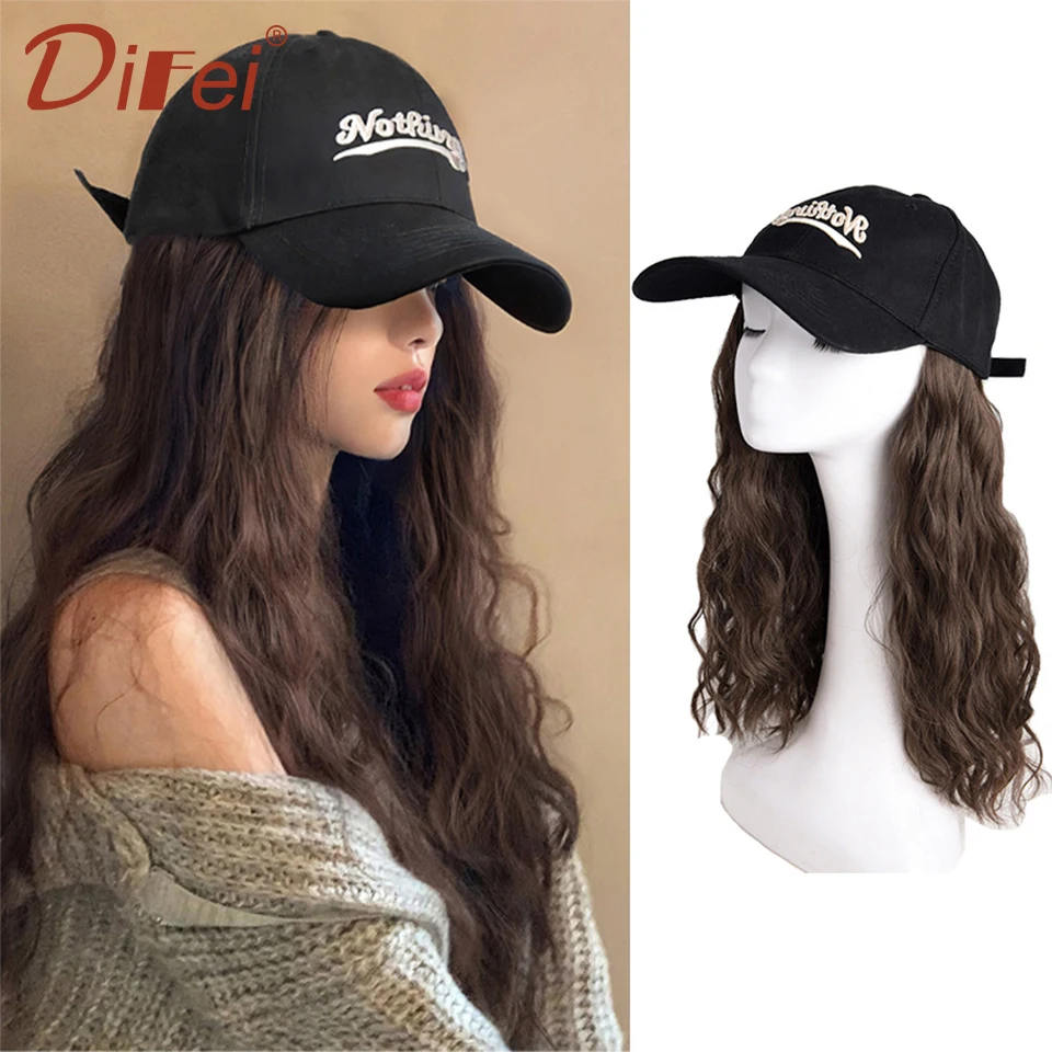 DIFEI Fashion Baseball Cap Synthetic Wig One Female Summer Long Hair Natural Fashion Lazy Wool Roll Adjustable Baseball Cap Wig