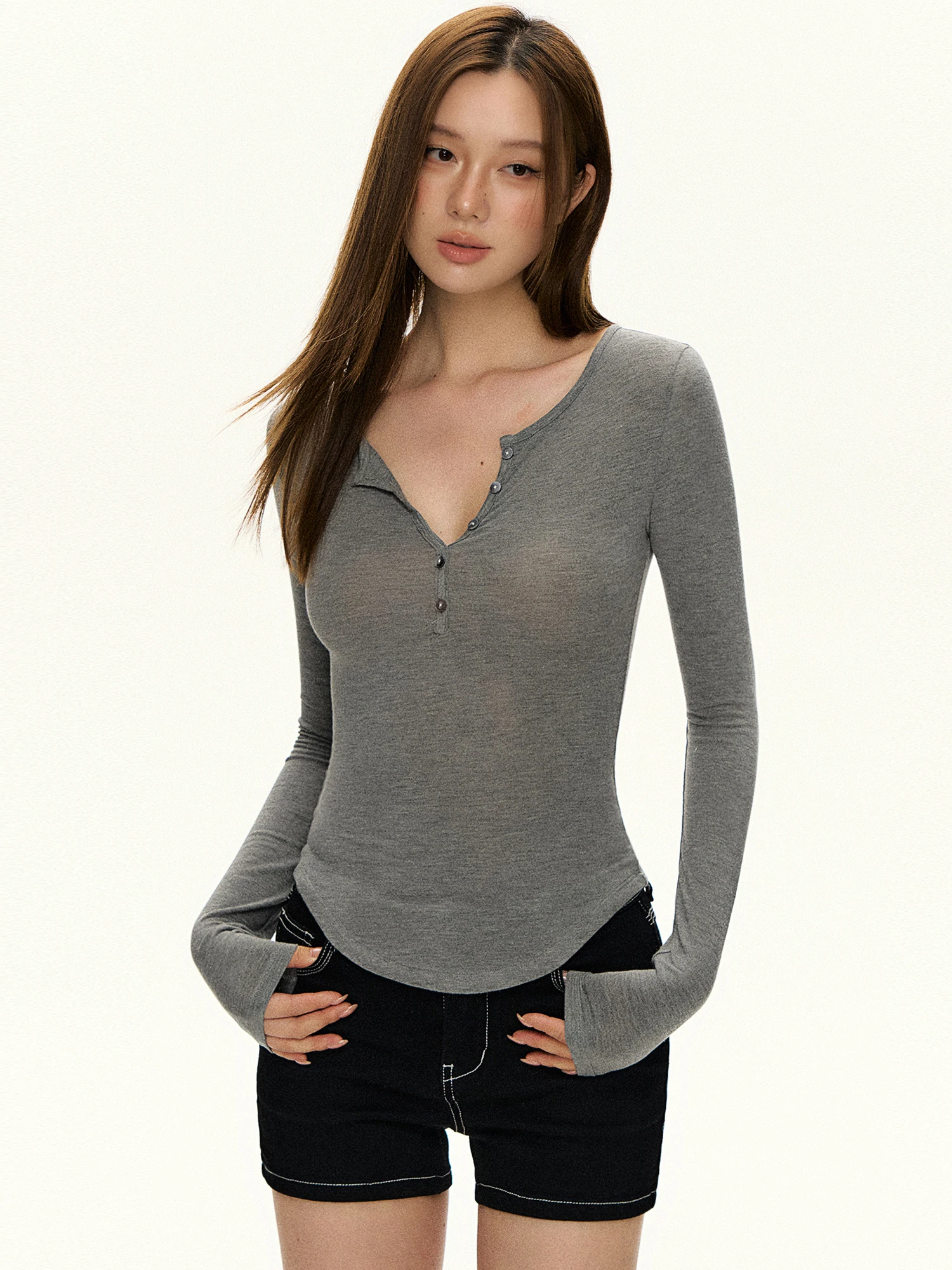Gray Wool Long Sleeve Henry Collar T-Shirt Women's Slim Fit Base Shirt Top Commute Style Korean Version Straight Body Shape
