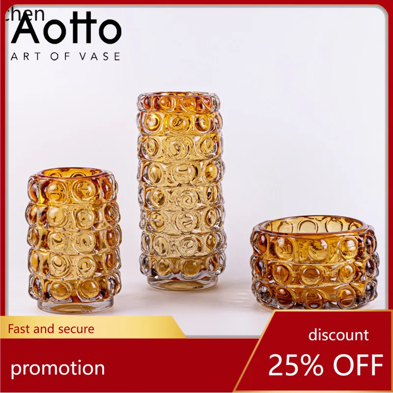 HYS amber glass vase embossed pattern flower arrangement ornament storage candy jar