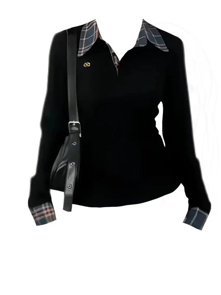 Plus Size Slim Fit Polo Neck T-Shirt Women's Autumn New Sle Embroidered Long Sleeve Plaid Top Trendy High Waist Stitching Two...