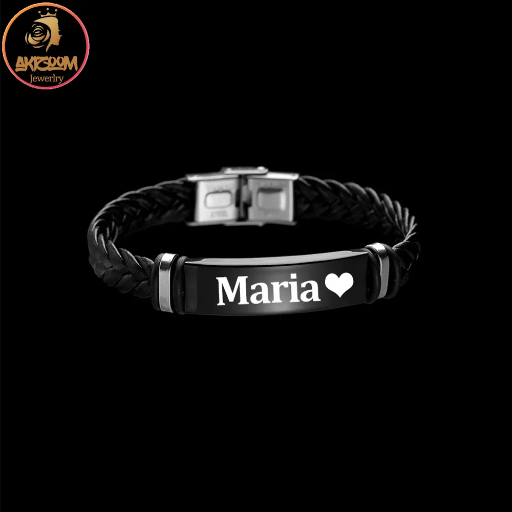 Akizoom Engrave Name Punk Bracelets Stainless Steel Jewelry Personalized Names Date Black Bangle for Women Man Christmas Gift