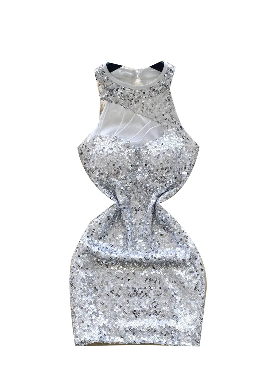 فستان Foamlina عصري بفتحات واسعة بدون أكمام فستان نسائي فاخر مثير ومثير بخصر مشدود بقصة ضيقة فستان قصير مزين بالترتر