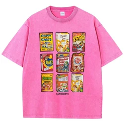 Women'S Cotton Washed T-Shirts Fashion O-Neck Distressed Tops Retro Fun Snack Printing Short Sleeve Summer Street Female Clothes