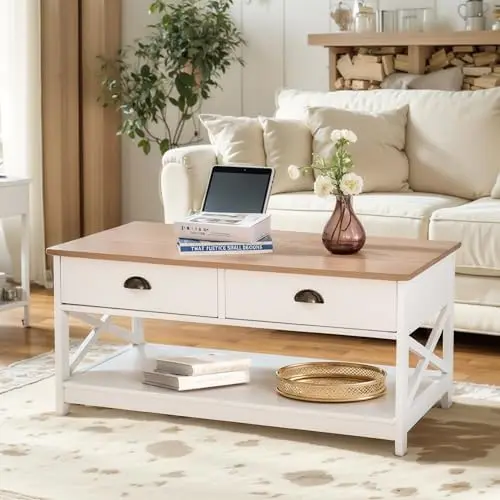 Farmhouse Coffee Table with Drawers and Storage Shelf for Living Room, Ivory