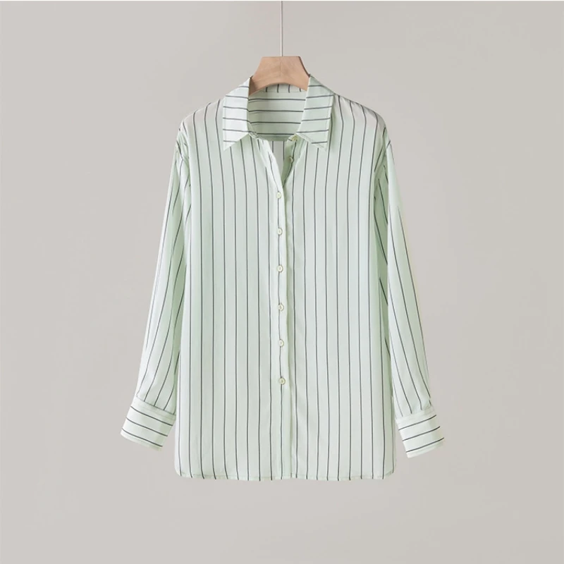 

Birdsky, 1PC Women long sleeve Shirts shirt Top 100% Mulberry Silk stripe Light Green, S-1034