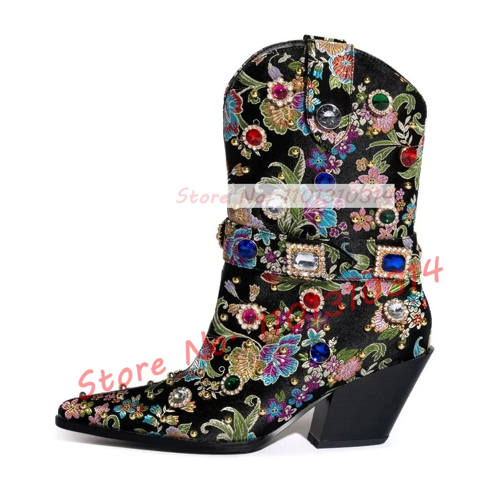 Gems Floral Western Bootie Women Luxury Crystal Studded Chunky Heels Shoes Ladies Belt Detail Pointy Brocade Bling Mid-calf Boot