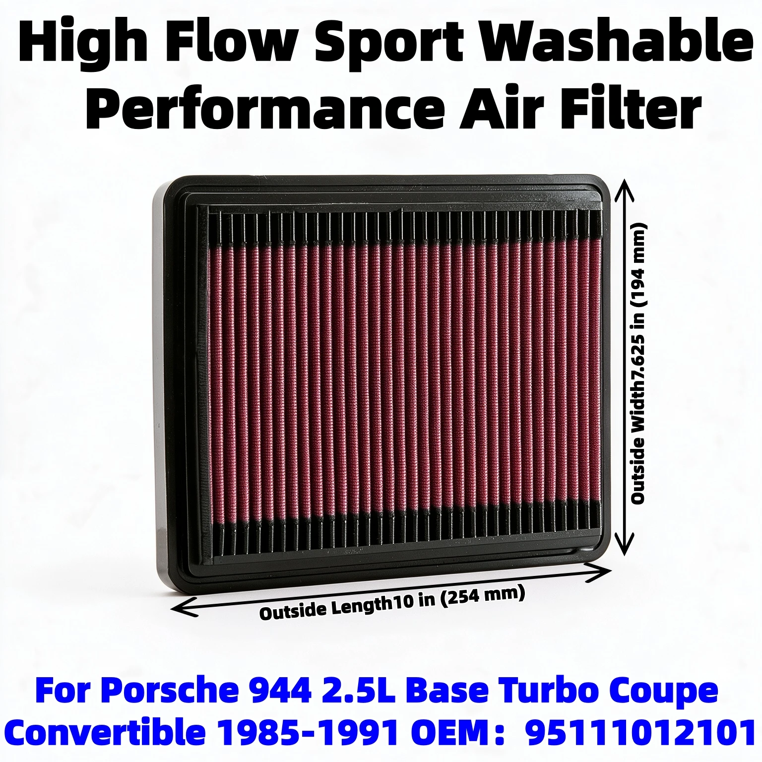 High Flow Sport Washable Performance Air Filter 33-2081 For Porsche 944 2.5L Base Turbo Coupe Convertible 1985-1991 95111012101