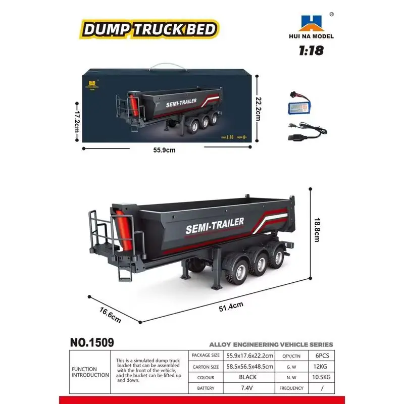 Modelo de Trailer Semi-Reboque Elétrico Huina 1509 1/18 para Caminhão Trator RC 1501 com Suporte para Luz Traseira e Sem Sistema de Som