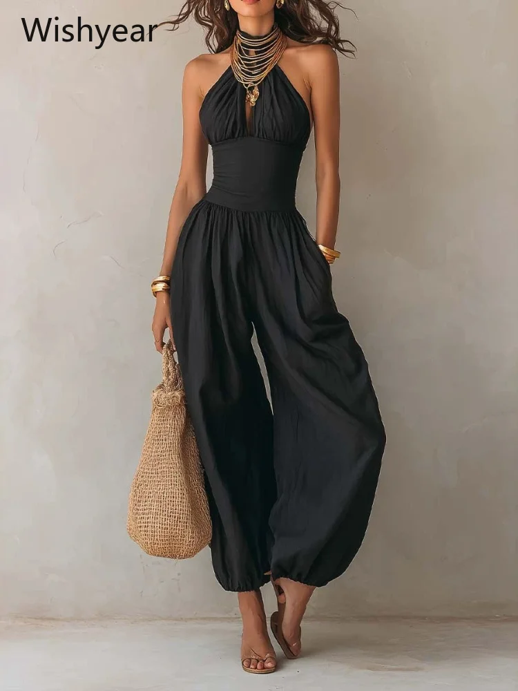Ladies Sleeveless Halter Neck Jumpsuit Burgundy Ruched High Waist Wide Leg Long Pants Rompers Beach Evening Party Club Vacation