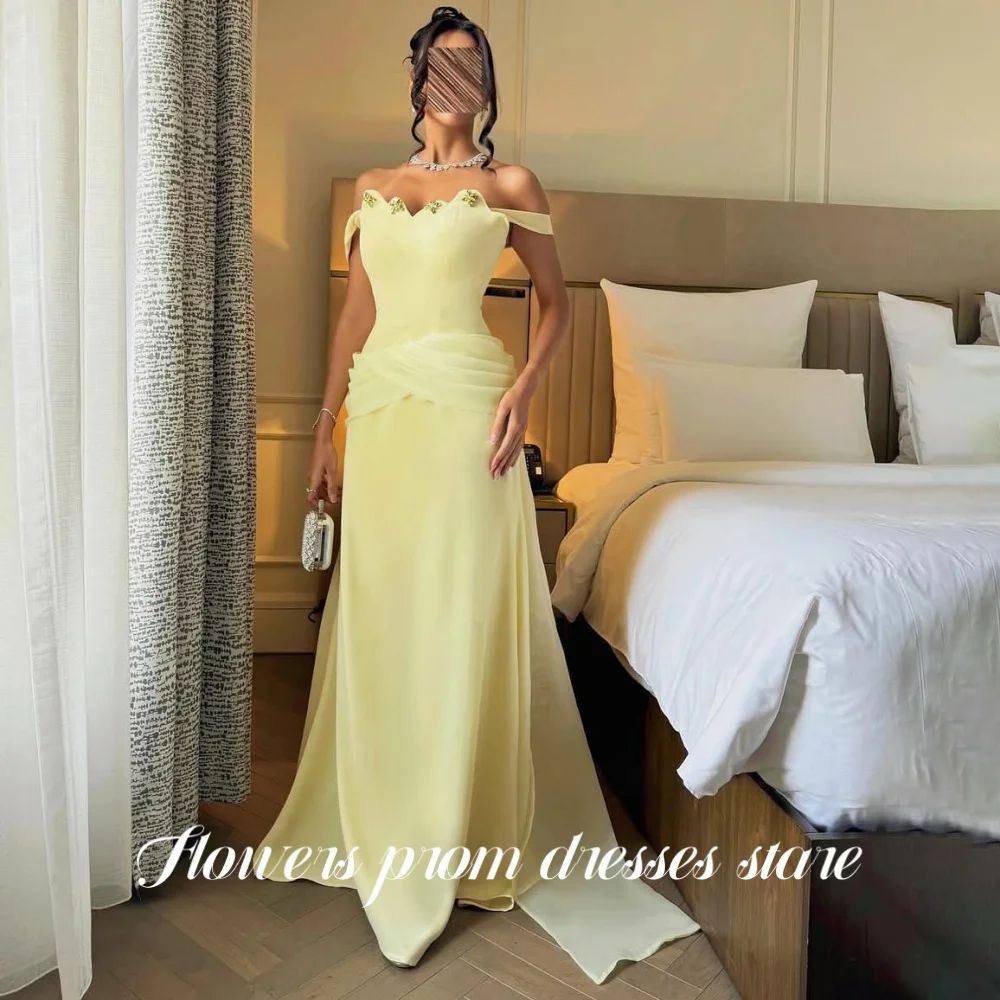 

Flowers Yellow Mermaid Party Dress Off the Shoulder Pleats Evening Dress Crystal Stones Prom Dress vestidos de novia Customized