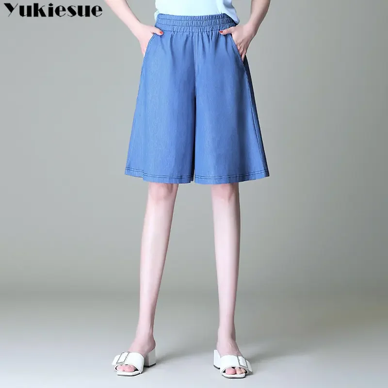 

Летние джинсовые шорты из тенселя, женские широкие брюки, эластичные брюки с высокой талией, тонкие брюки из ледяного шелка, женские повседневные простые брюки с пятью точками