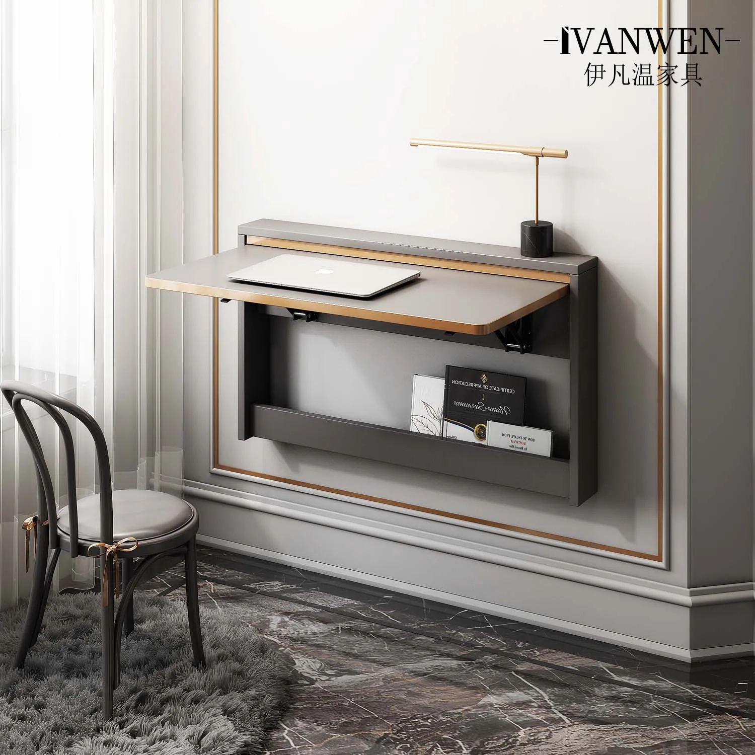 Italian style invisible wall mounted solid wood study table, folding table, flip table, small unit table