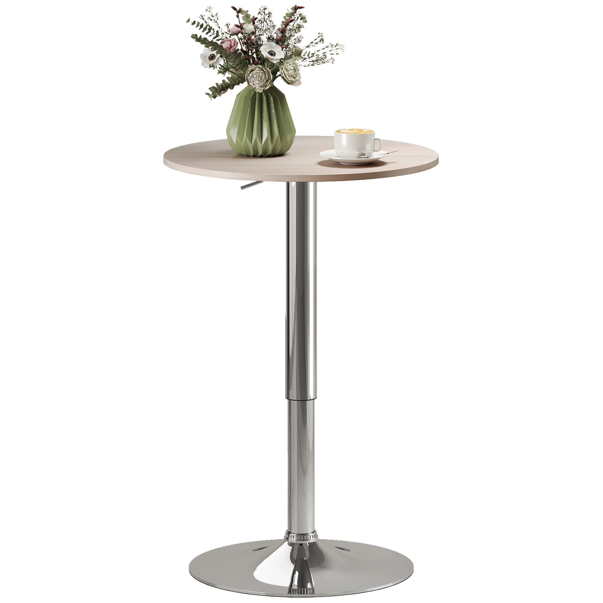 HOMCOM Mesa de Bar Redonda Ajustable, con Base Redonda de Metal Cromado, para Bistró, Cocina Comedor, Madera Natural