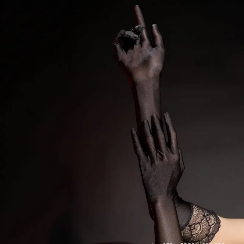 Sexy Lace Trim Long Satin Gloves for Women Elegant Opera Party Wedding Dress Up Accessories Stretchy Formal Evening Gloves Hand