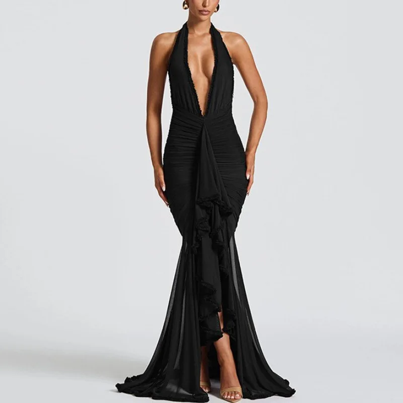 

Элегантное платье макси с лямкой на шее и лацканами, сетчатое лоскутное облегающее платье с открытой спиной, вечернее, шикарное, модное, классическое, изысканное, уникальное для женщин