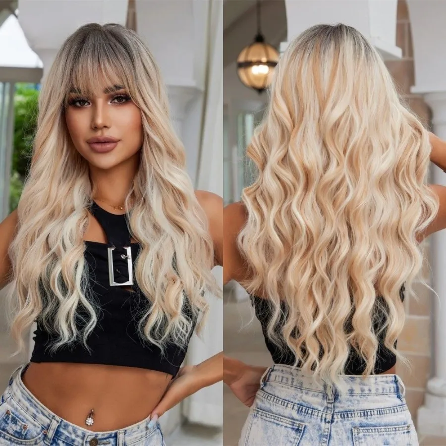 Platin 613 Blonde Perücke, lange gewellte synthetische Perücke mit Pony, lockig, gemischt, golden, für Frauen, Cosplay, Party, täglicher Gebrauch, hitzebeständig