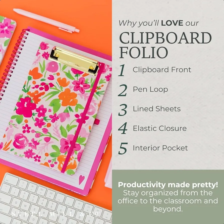 Steel Mill Co Cute Mini Clipboard Folio with Refillable Lined Notepad and Interior Storage Pocket Small Padfolio for Work Water