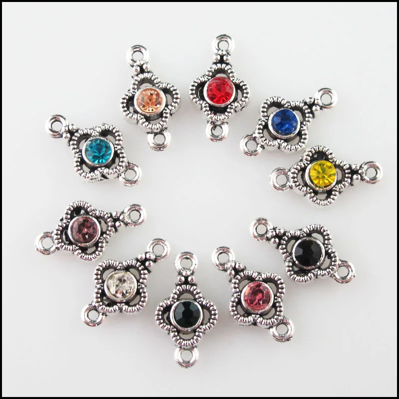 Fashion 30Pcs Mixed Crystal Tibetan Silver Plated Clover Flower Charms Connectors 8x15mm