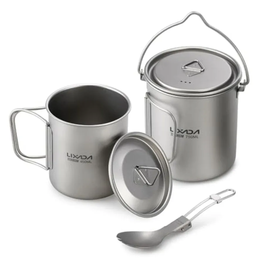 

Titanium Camping Cookware with Folding Spork 750ml Camping Titanium Pot and 450ml Coffee Mug with Foldable Handle and Lid Porta