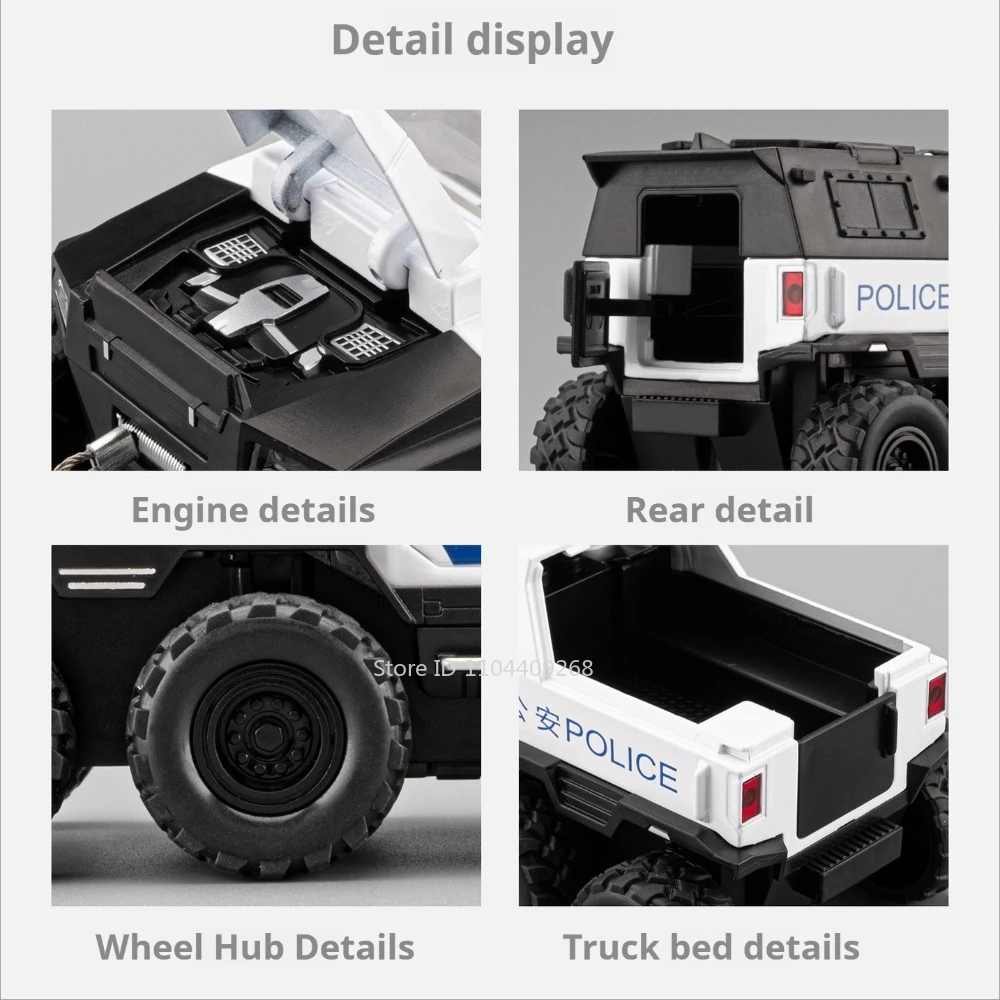 1:32 Conqueror Police Car Model Toy Detachable Components Sound Light Pull Back Off-road Vehicles Models Boys Birthday Presents view 4
