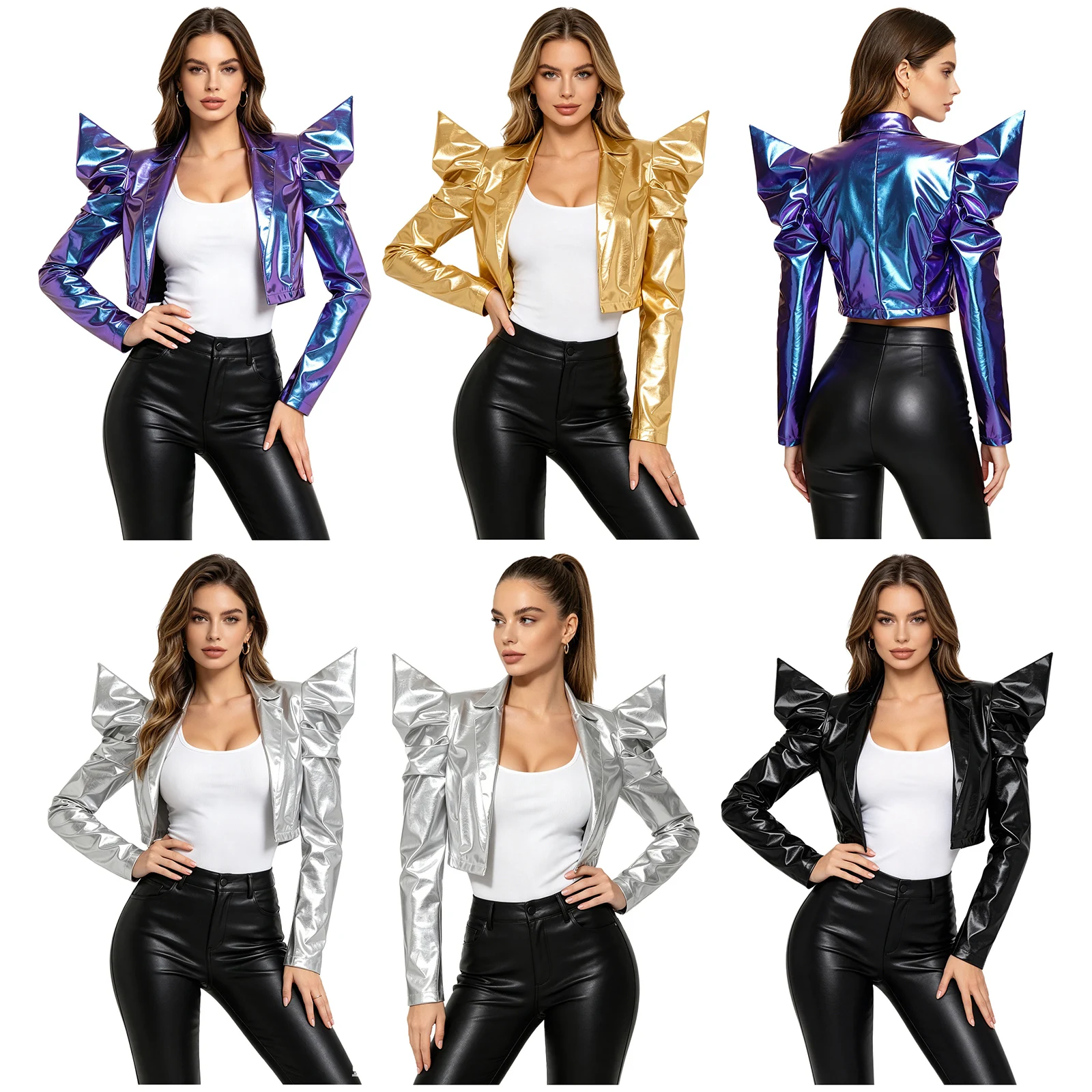 Womens Metallic Shiny Crop Jacket Dramatic Puff Sleeve Long Sleeve Open Front Crop Blazer Outerwear for Pole Dancing Costume