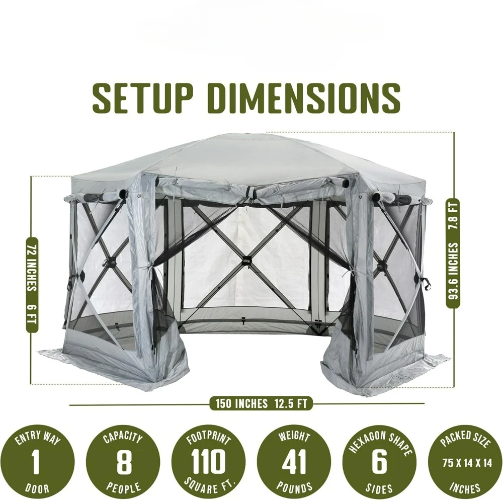 Pavilion, Portable Pop-Up Outdoor Camping Screen Tent 6-Sided Canopy Shelter with Built-in Wind Panels & Carry Bag