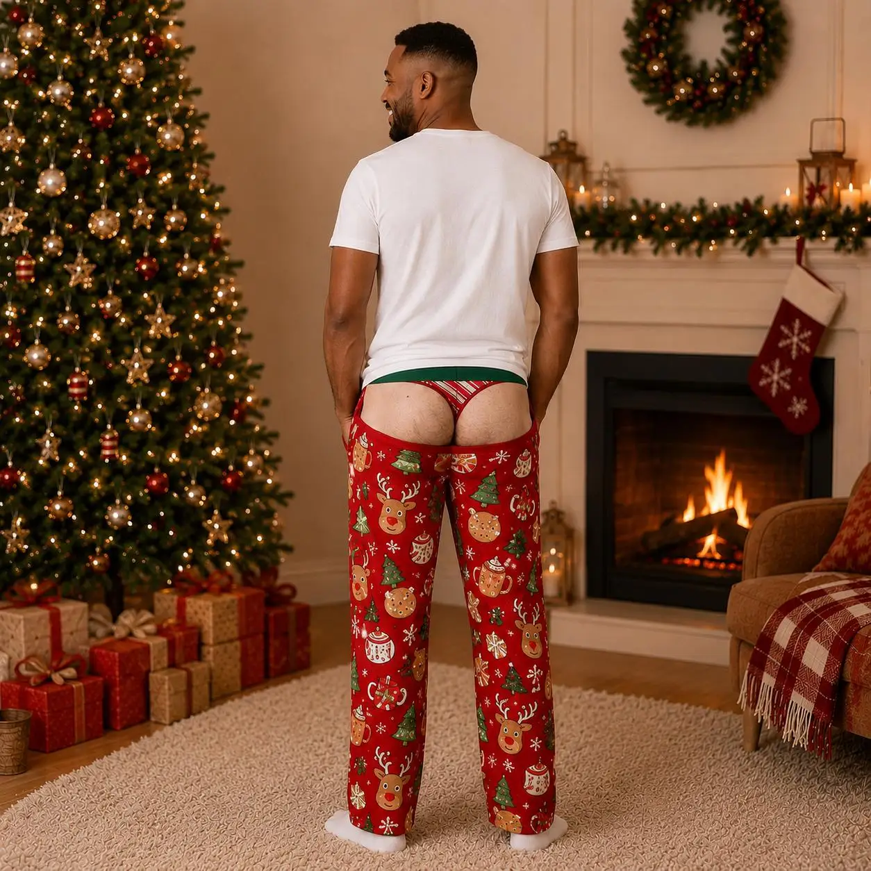 Neue, lustige, unisex-Hose mit ausgeschnittenem Gesäß und Weihnachtslicht-Motiv, gerade geschnitten, als originelle Hose für Weihnachtsfeiern, Feiertage und Freizeitkleidung. – Detail 14
