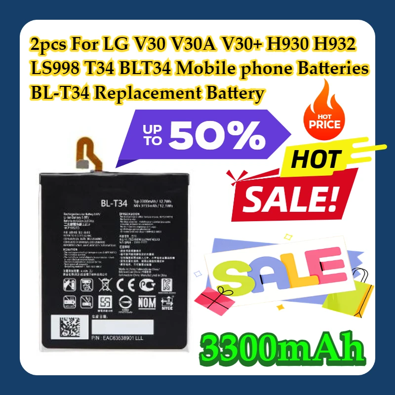 

2 шт. для LG V30 V30A V30 + H930 H932 LS998 T34 BLT34 аккумуляторы для мобильных телефонов BL-T34 3300 мАч сменный аккумулятор