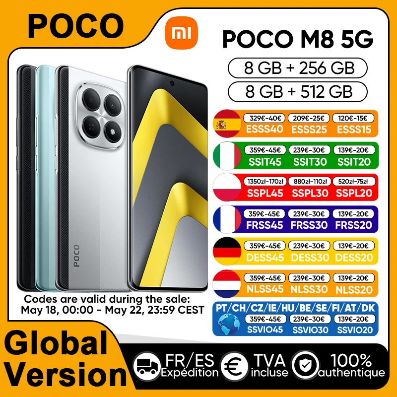 Smartphone POCO M8 5G Version Globale Snapdragon ®   Plateforme 6 Gen 3, écran AMOLED Flow de 6,77 pouces, batterie de 5520 mAh, appareil photo principal de 50 MP, NFC