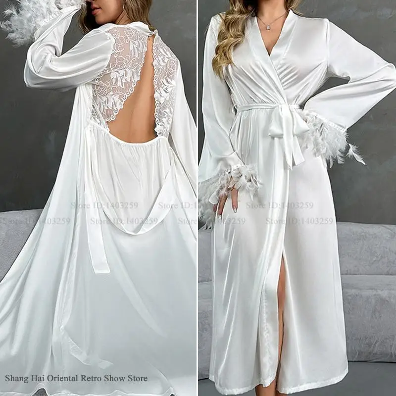 

New Women Long Robe Sleepwear Sexy Backless Lace Luxury Feathers Wedding Robe Dress Ice Silk Nightdress Loungewear Bathrobe Gown